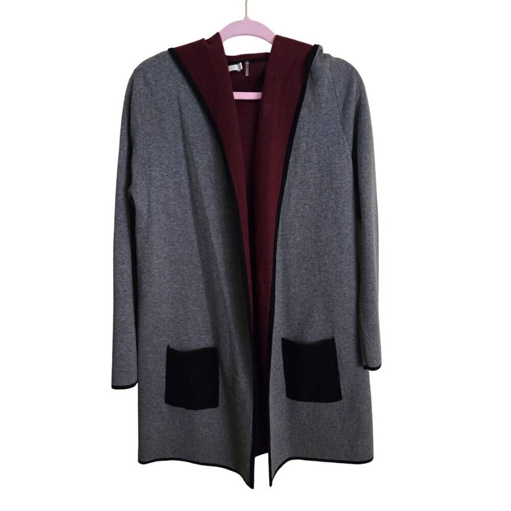OST Cotton Cashmere Blend Color Block Open Front Coatagan Pockets Hooded Size M